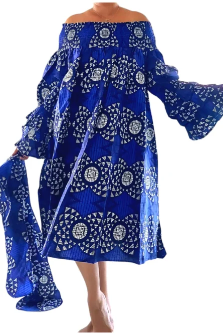 0022- Royal Indigo Ankara Off-Shoulder Dress – With Matching Headwrap - Image 2