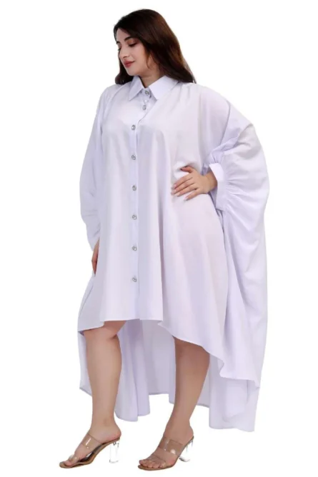 0026 - Cascade Button Dress – White Elegance in Motion - Image 2