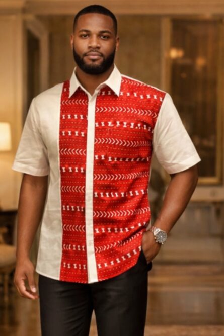 081 - Warrior Red Ankara Panel Shirt